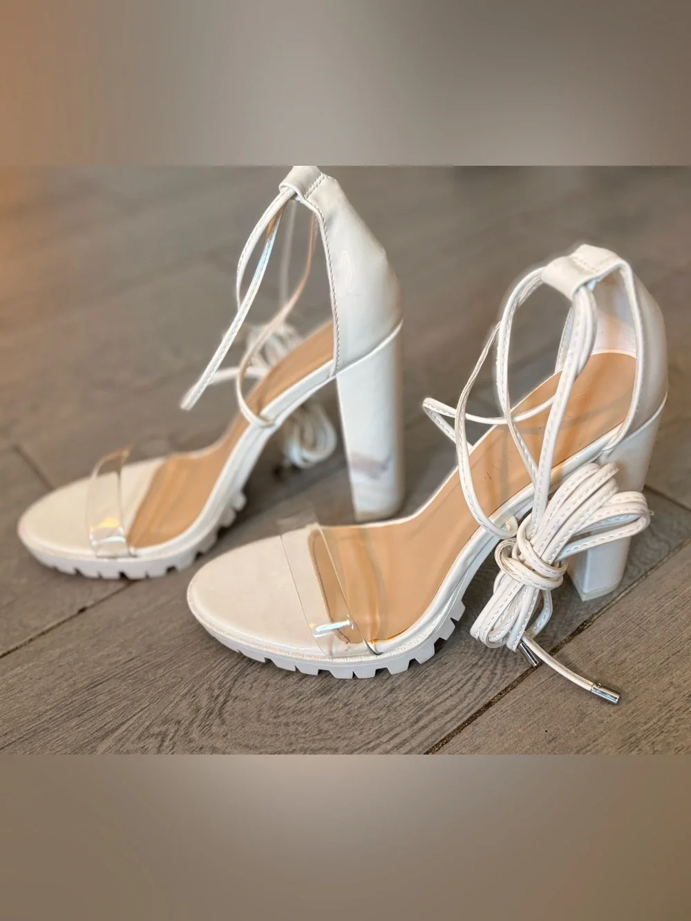 Sexy White Lace-Up Clear Strap Block Heel Sandals - Women Size 8